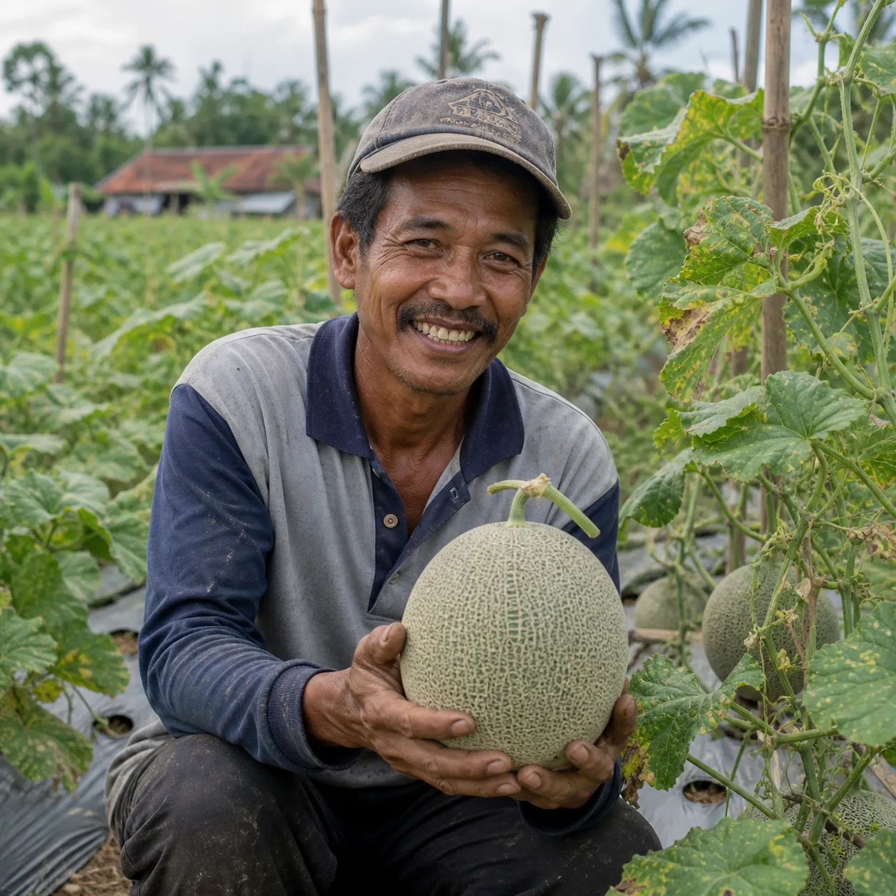 Foto nyata petani memegang melon besar dengan jaring kulit yang sangat tebal dan rapat.
