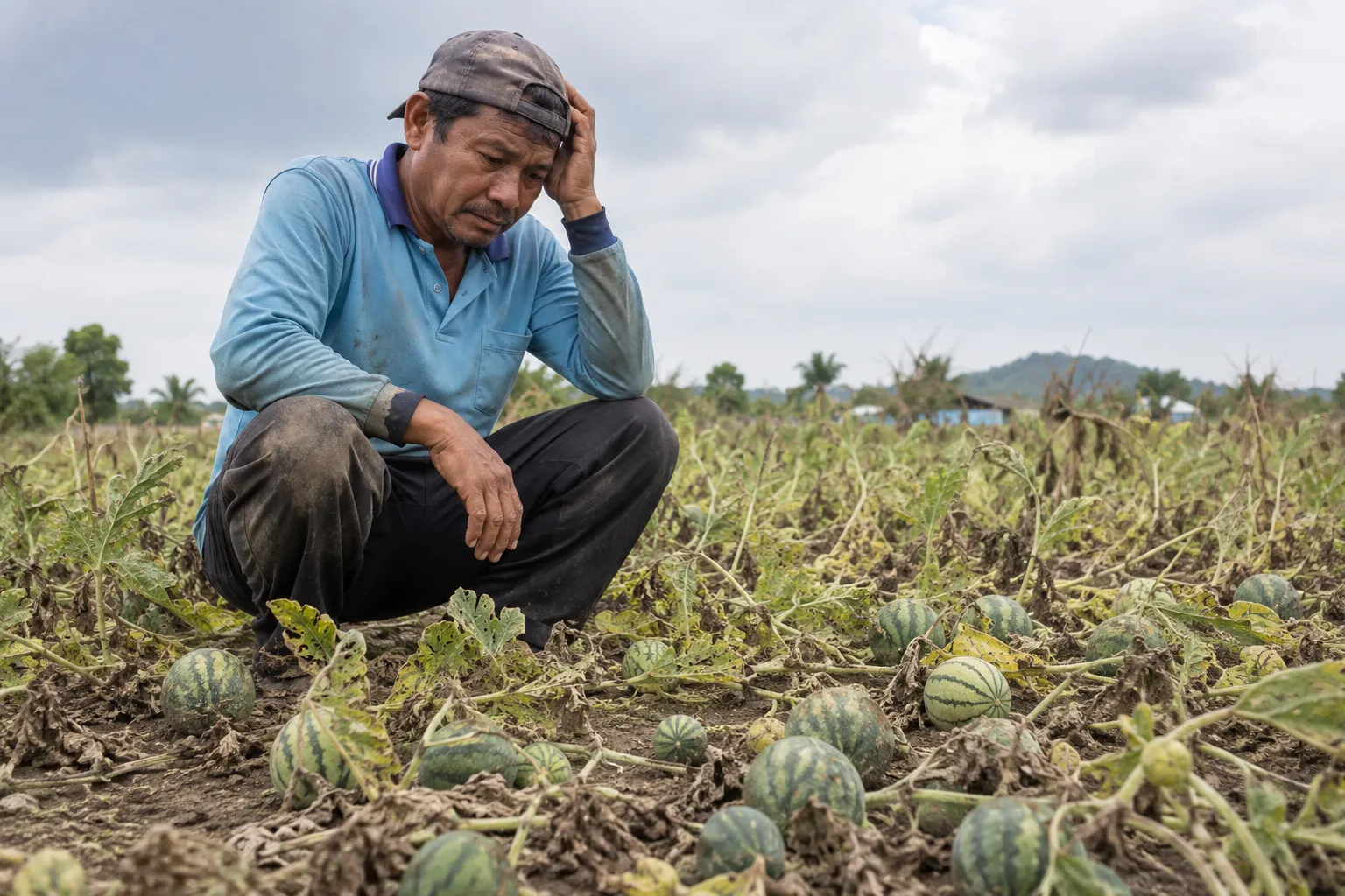 Foto close-up wajah petani yang terlihat pusing dan sedih sedang melihat ke arah lahan dengan semangka/melon yang ukurannya kecil-kecil.