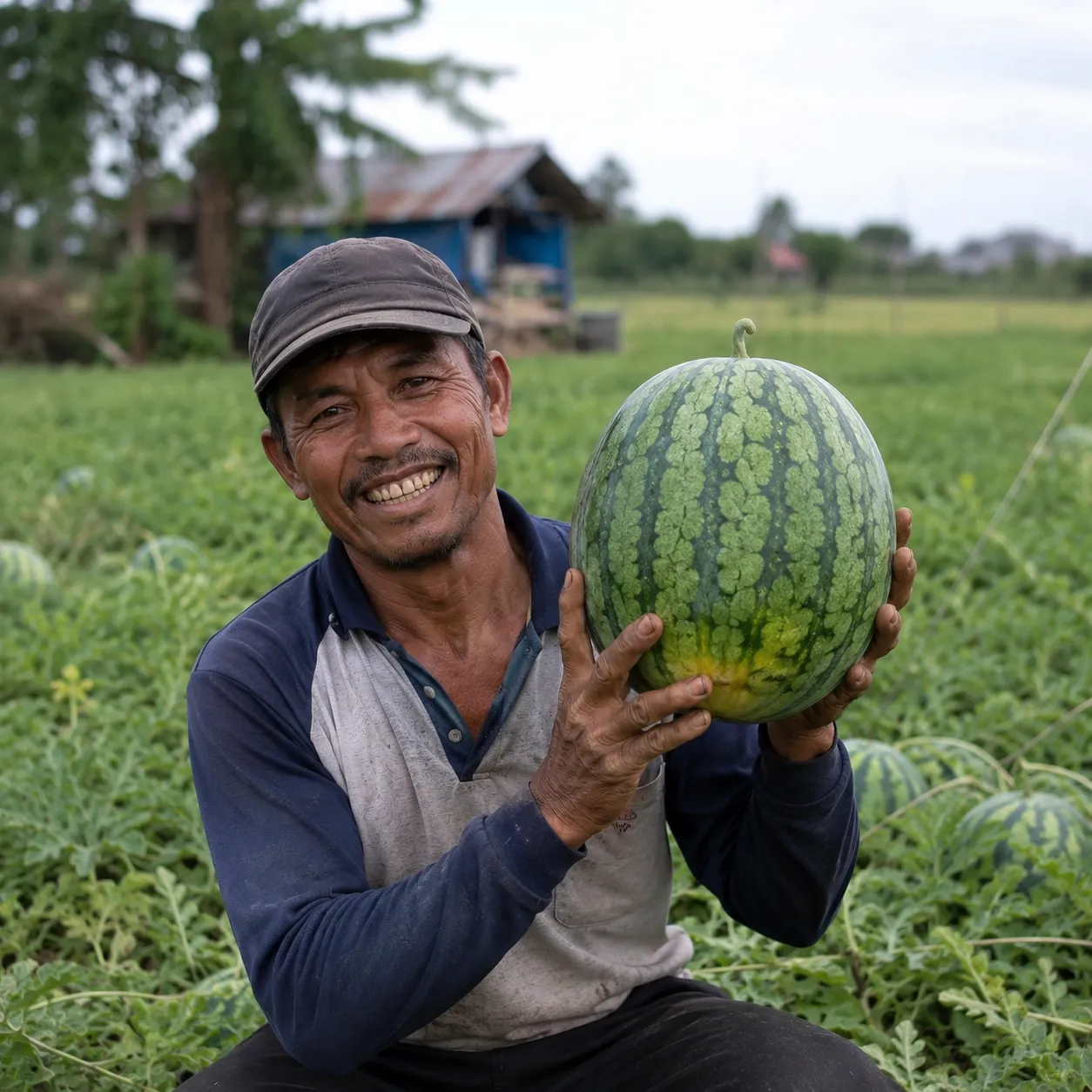 Foto nyata seorang petani di lahan tersenyum bangga memeluk dua buah semangka inul jumbo.